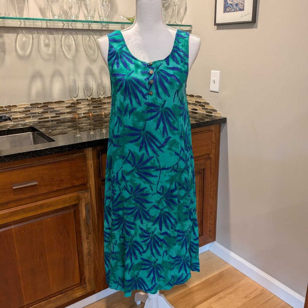 KAKTUS Green & Blue Tropical Leaf Print Midi Dress with Pockets Sz Small Cove Up